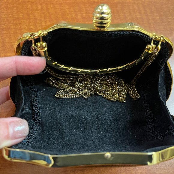 VTG BLACK LEATHER AND RHINESTONE EVENING BAG - RETRACTABLE HANDLE AND LONG CHAIN - Picture 9 of 13